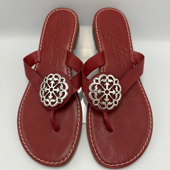 Brighton Red Alice Sandals Thong Flat Leather Womens Size 9M Silver Medallion - Picture 2 of 12
